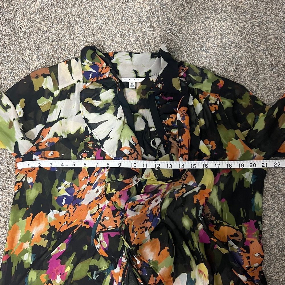 Cabi Top multicolor black floral cascade ruffle tie-front semi-sheer blouse - Picture 8 of 9